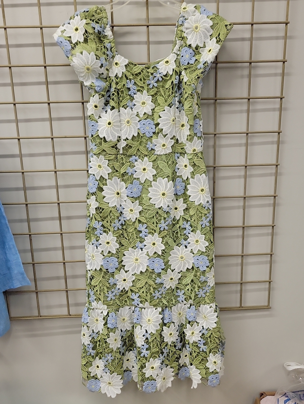 Ivy City Co Olive Green White and Light Blue Floral Crochet Midi Dress